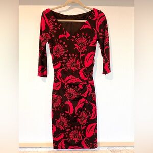 David Meister chocolate brown and pink ruched, v-neck dress